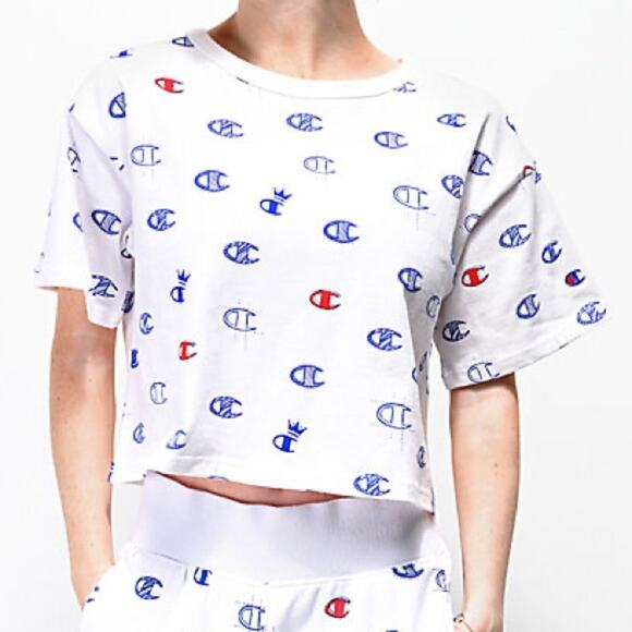 Champion White, Blue, and Red Short Sleeve Cropped Shirt Size XS - Picture 1 of 7